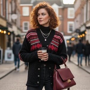 Terra Nostra Elbow Patch Wool Cardigan Fair Isle Small Vintage